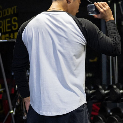 Casual Long Sleeve T-shirt Men Fitness Cotton Patchwork Tee Shirt Male Gym Workout Tops Spring Autumn Running Sport Clothing